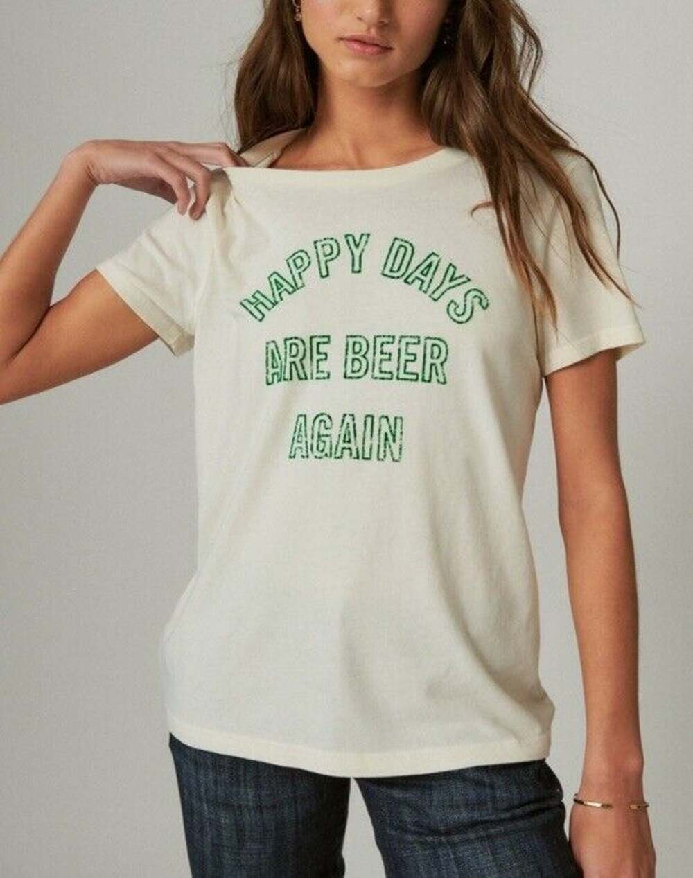 New Lucky Brand Women's Happy Days Are Beer Again T-Shirt White Green XXL NLA